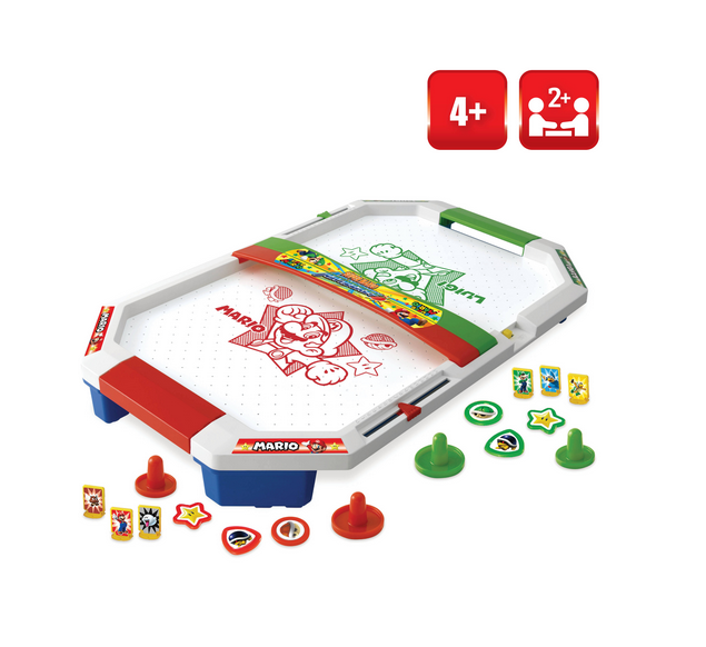 Picture of the Super Mario Air Hockey table with all the components included. Read and green paddles, character pucks and targets. 