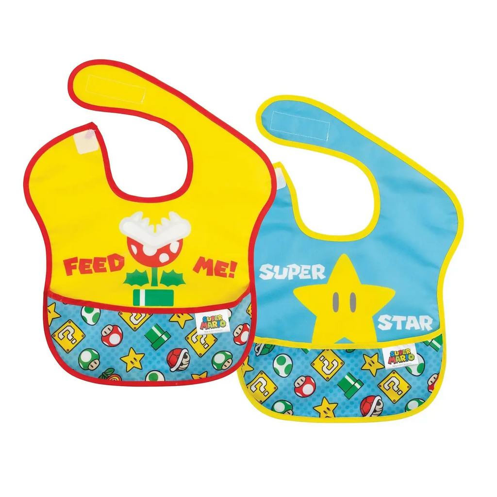 Two baby bibs with characters from Super Mario pictured on the front. A yellow bib with the Pirahna Plant and a blue bib with a Super Star. On both bibs the catch all pockets have Question boxes, Super Mushrooms, Super Stars, and other Super Mario characters. 
