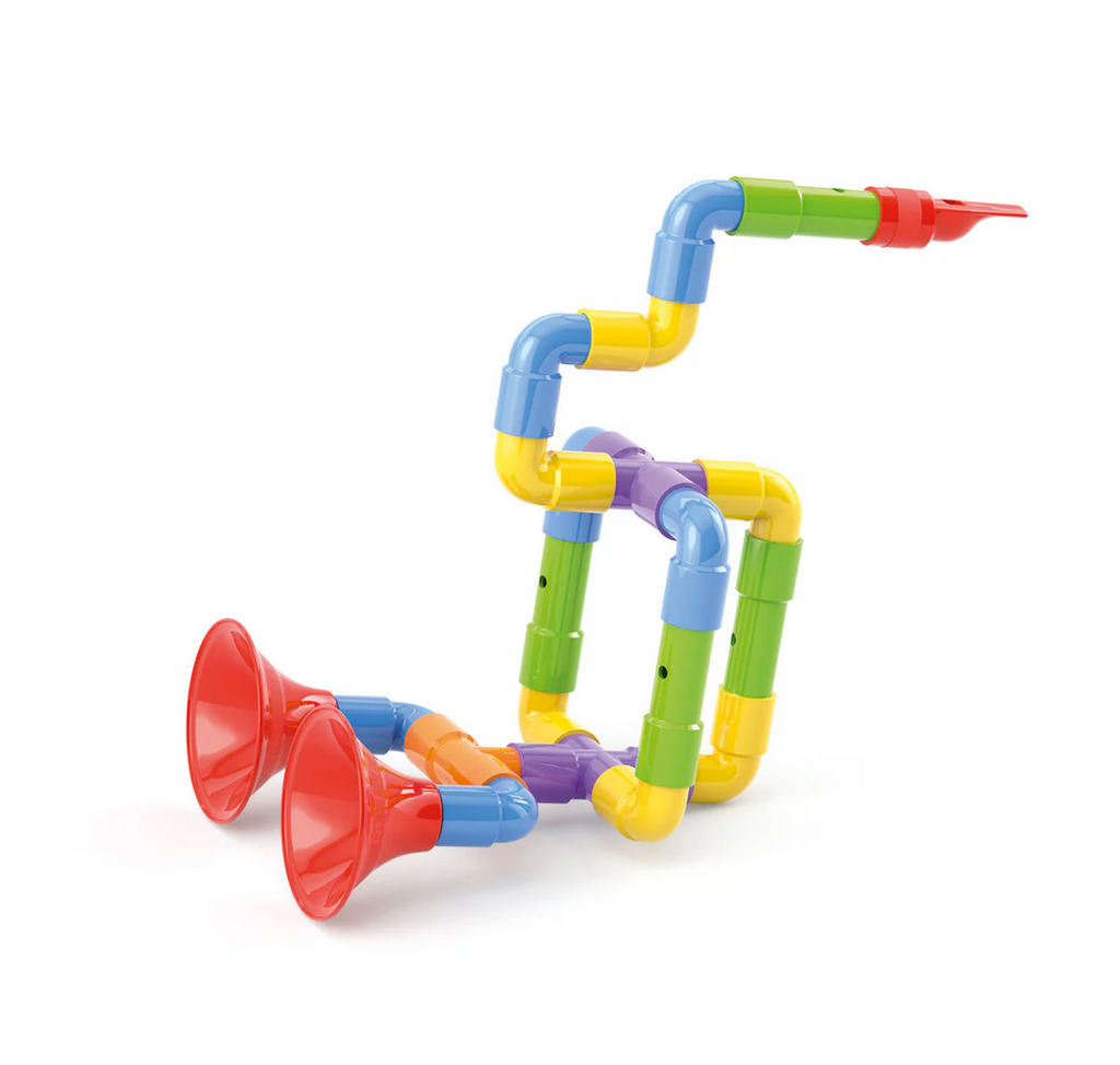 Colorful plastic pieces fitted together to make a crazy configuration that actually plays music. 
