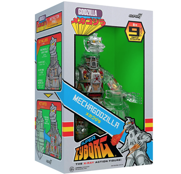 Box with Super Godzilla Mechagodzilla figure inside. The box has colorful graphics and illustrations of cyborg mechagodzilla and all it's functions.