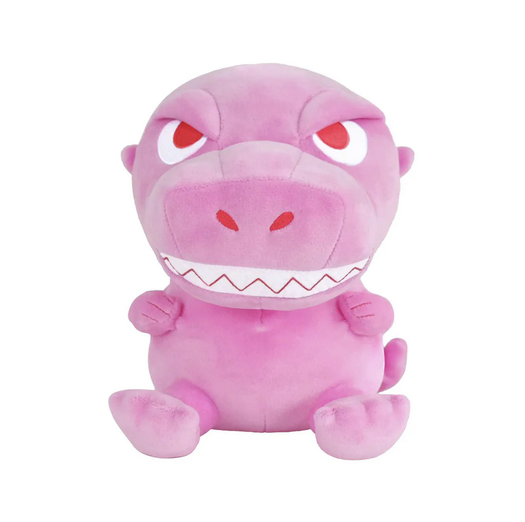 Pink plush Godzilla with red eyes and fierce scowl on his face. He is in a seated position. 