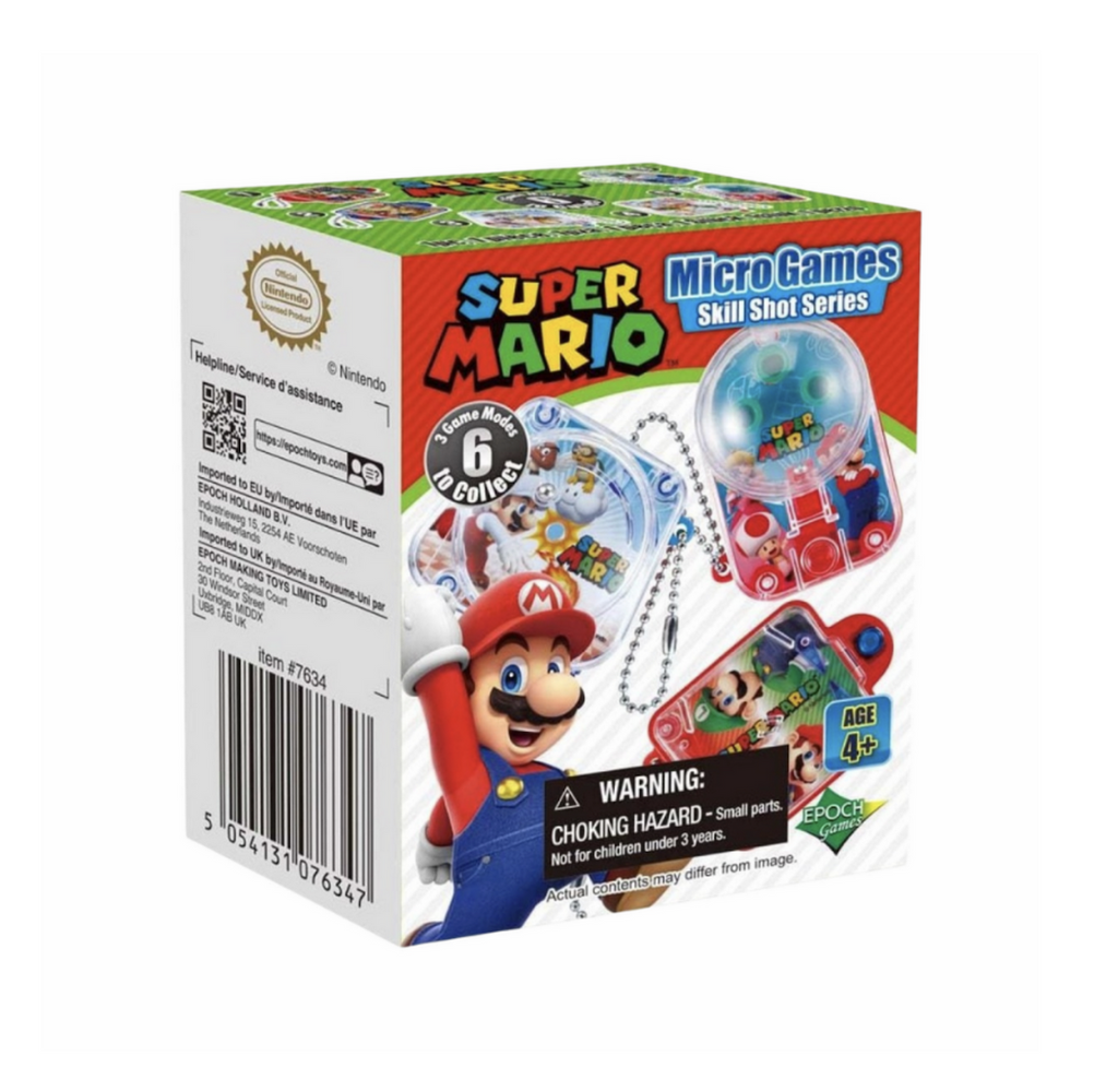 Cover of the Super Mario Skill Shot Micro Games Blind Box. With Mario and three of the games it is possible to collect. 