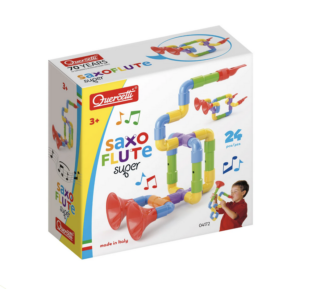 Colorful box of Super Saxoflute shows 3 different builds of the musical instrument and a young child playing it. 24 pieces. Made in Italy. Ages 3 & up.