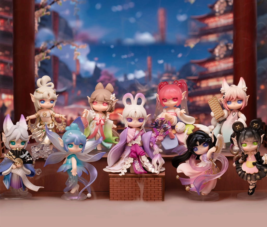 Collection of all the Suri Lingfeng Town  figurines in a decorative setting. 