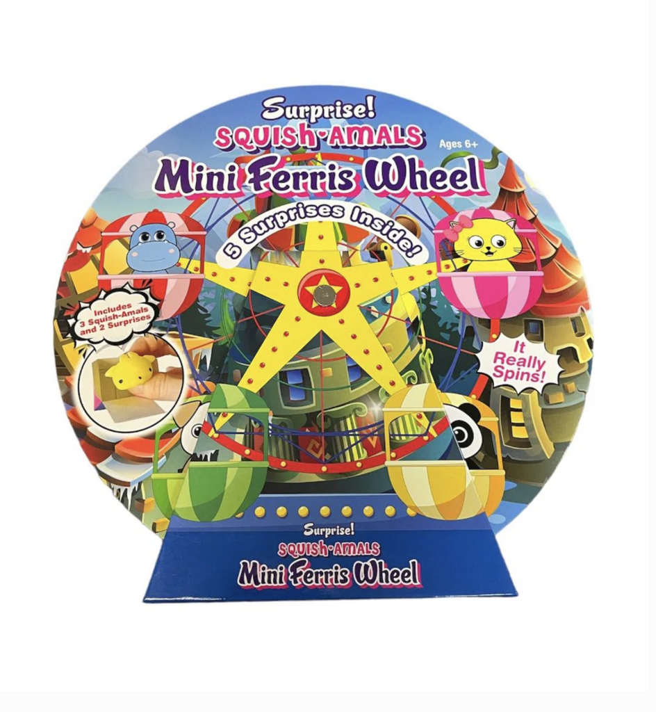 Cardboard Ferris Wheel with colorful graphics of the Squish Amals that could possibly inside. 