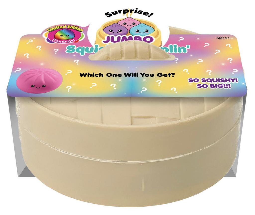 A steamer basket inspired box hat holds a mystery Surprise! Jumbo Squishy Dumplin" wrapped with a colorful band with illustrations of the limited edition rainbow dumpling and purple jumbo dumplings. 