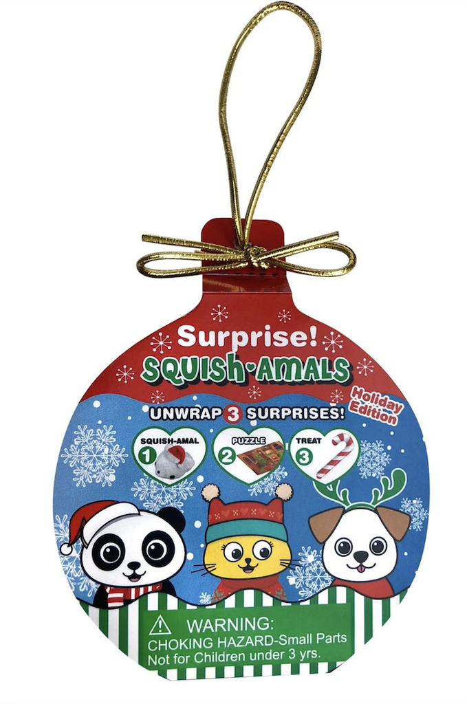 Holiday ornament shaped package of Surprise Squish-amals Christmas ornament blind box. Each box contains a surprise squish-amal,  a puzzle, and a treat. 