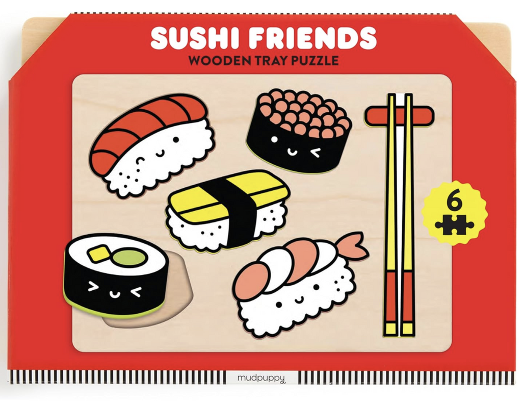 Sushi Wooden Tray Puzzle wrapped in paper with illustrations of each of the puzzle pieces. 