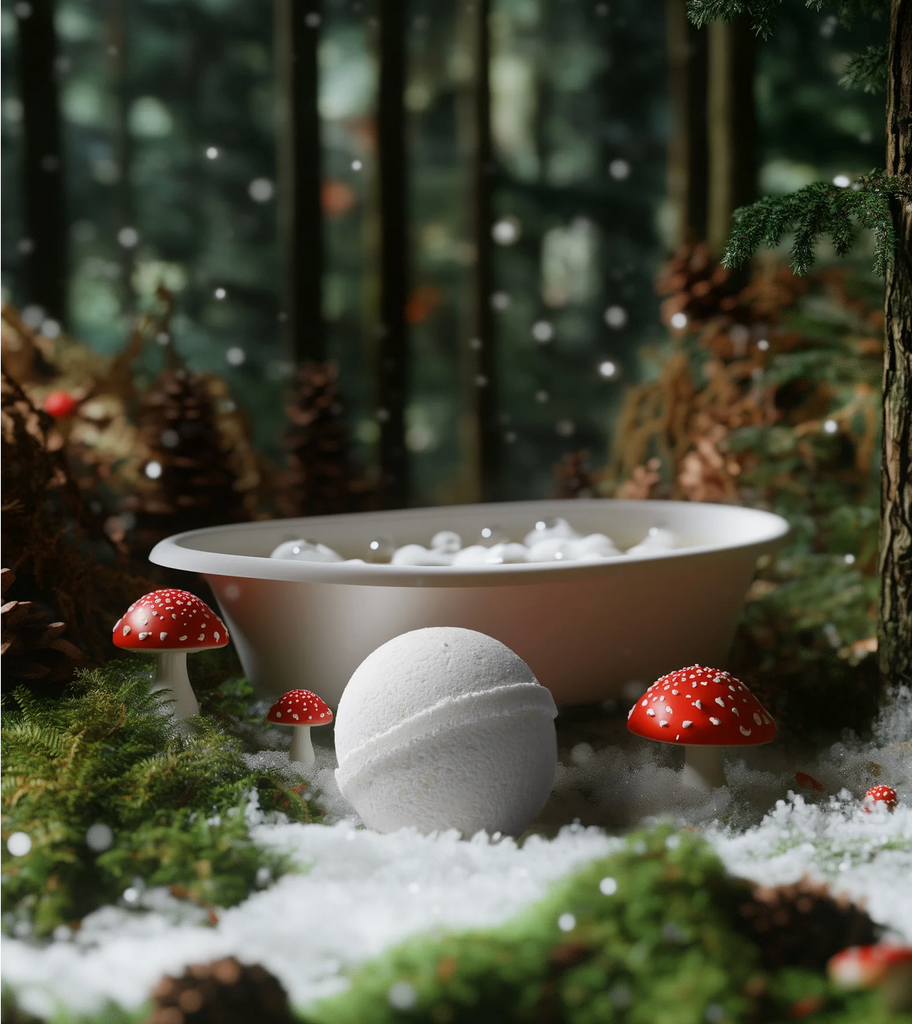 Image of bath bomb on snow in front of a tiny bathtub in a forest setting.