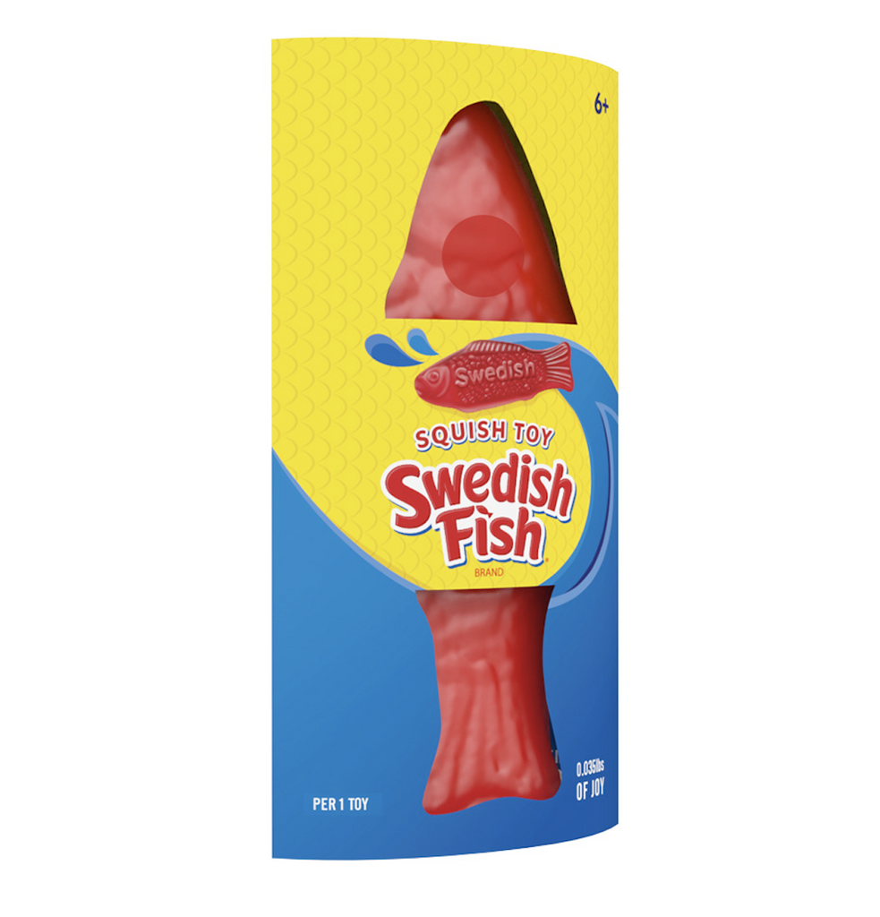 Swedish Fish Squish Toy in packaging that looks exactly like the candy box. 