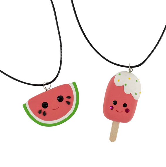 The watermelon slice and the popsicle necklaces made with the Sweeties Necklace Clay Craft Kit. 