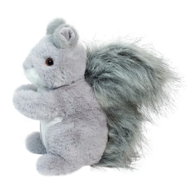 Side view of Swiftie Squirrel with gray fur and bushy tail. 