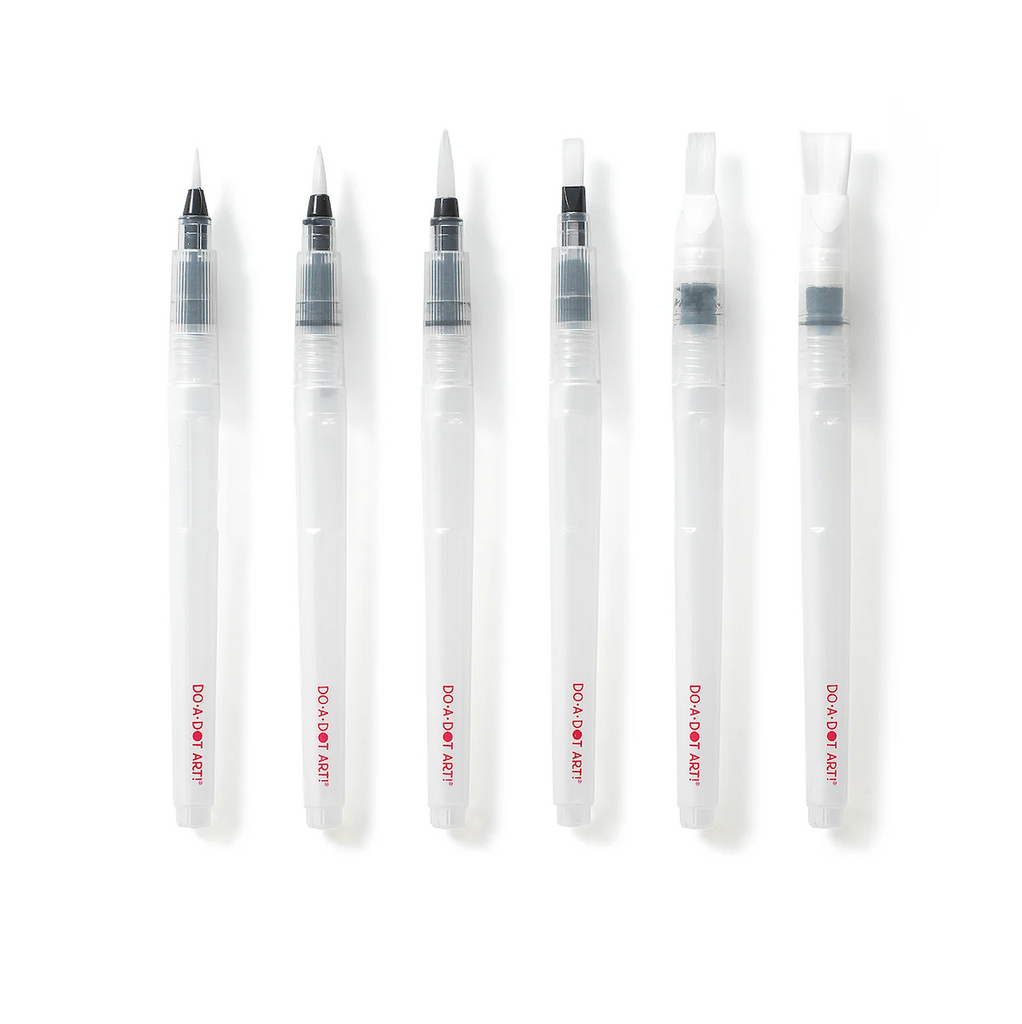 Set of 6 watercolor brushes each with a different brush head from wide to fine line, with refillable barrels that make watercolor easy for kids. 