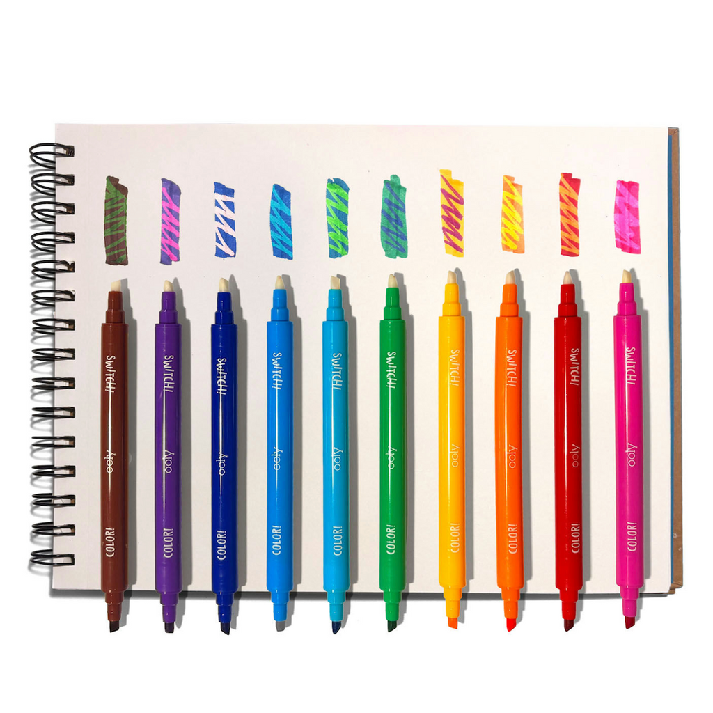 Set of colorful markers included in the Switch-eroo Color Changing Activity Kit with double sided tips, one for color and the other to change the colors. 