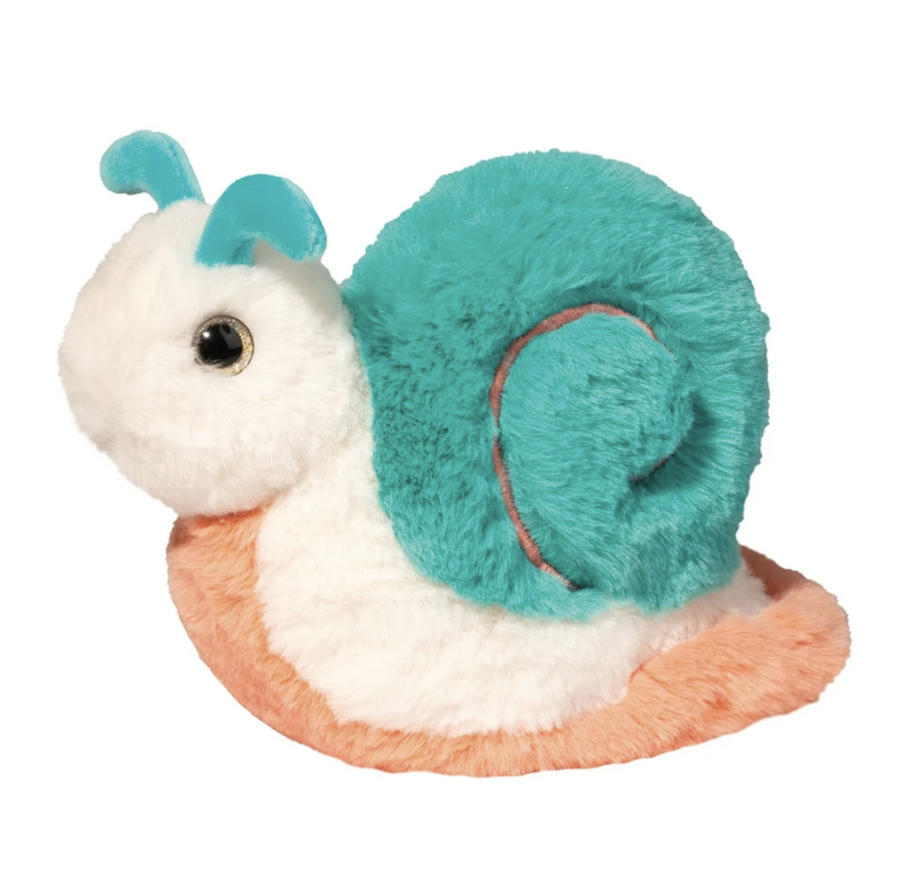 Plush snail with turquoise shell and antennae. 
