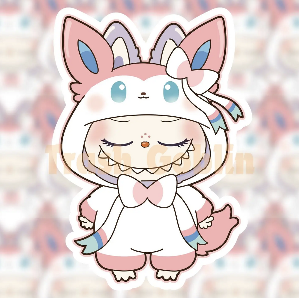 Die cut vinyl sticker of Labubu in a Sylveon costume. 