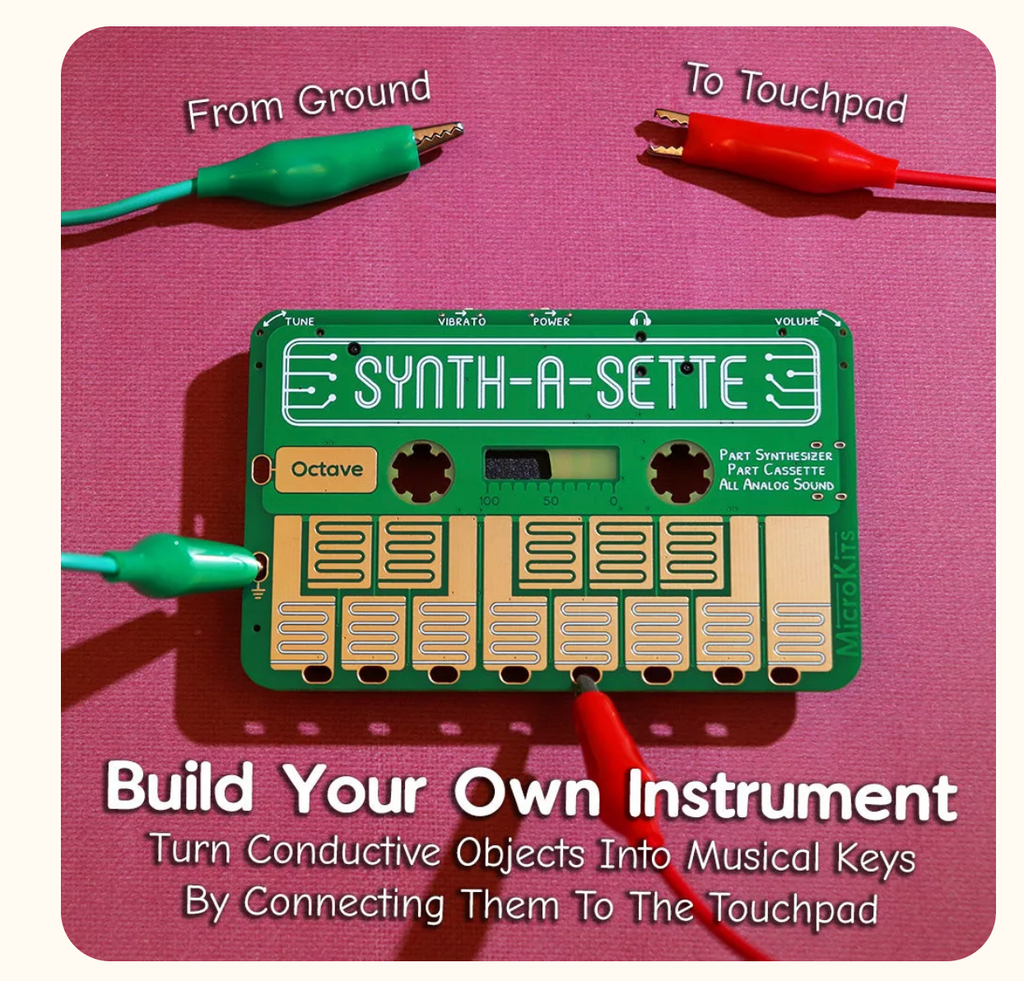 Build your own instrument-turn conductive objects into musical key by connecting them to the touchpad with the included clips.