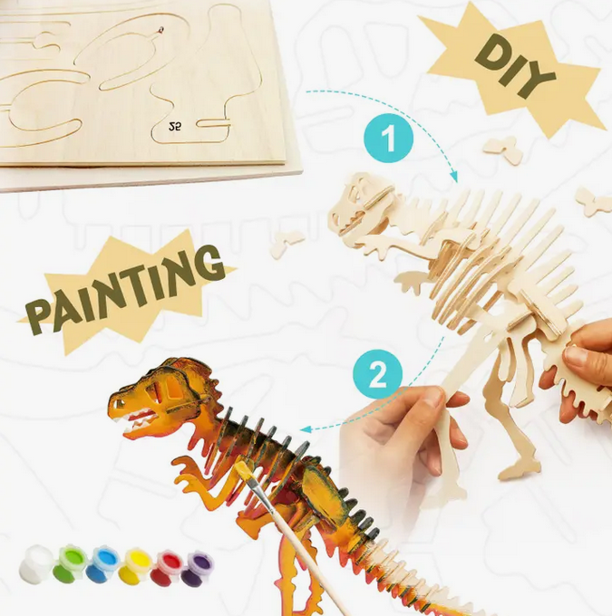 Assemble and paint wooden puzzle. No glue or additional tools required. This T-Rex Puzzle Paint Kit is a multifaceted activity. First, the child must use their cognitive and fine motor skills to put the animal together. Then, they are encouraged to use their imagination and idea of color theory to paint their own masterpiece onto the model.