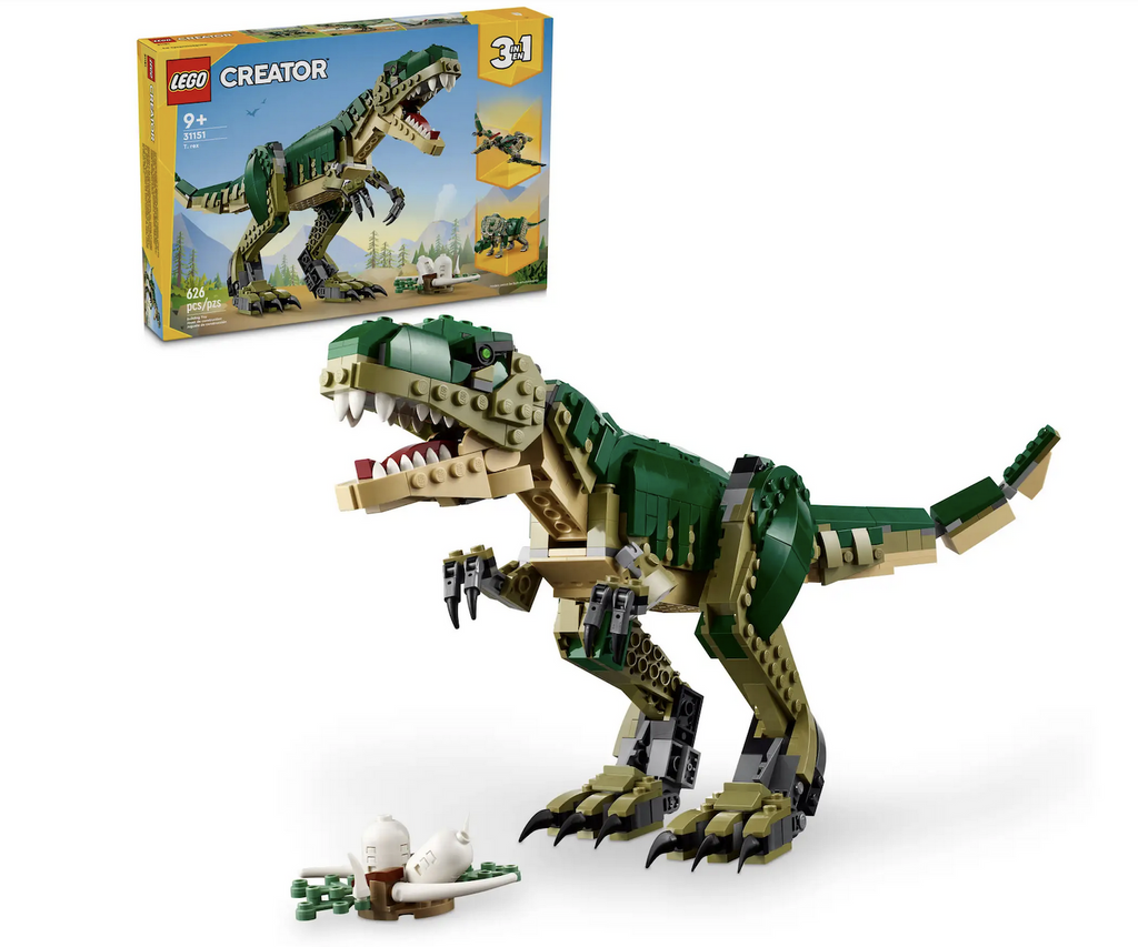 LEGO Creator T Rex 3 in 1 building set box with a picture of the T Rex on the cover and the actual brick built T Rex in front of it. 