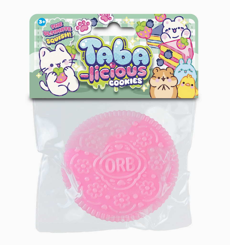 A pink Taba-Licious Cookie packaged in a clear plastic bag with a colorfully illustrated header featuring cute kitties and other animals. 
