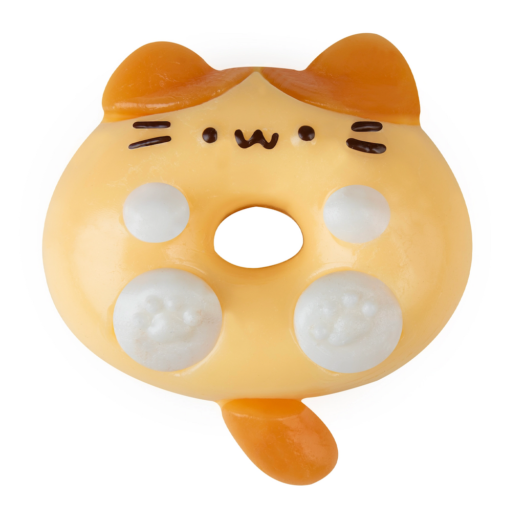 Donut-shaped cat squishy toy that is an orange cat with white paws. 