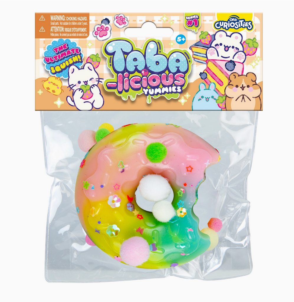 Taba-Licious Yummies in the form of a pink, yellow and green donut, packaged in a clear bag with an illustrated header with cute animals and food. Not food, do not eat. 