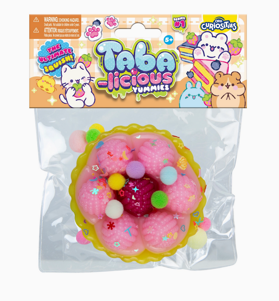 Taba-Licious Yummies in the form of a pink, red and yellow tart, packaged in a clear bag with an illustrated header with cute animals and food. Not food, do not eat. 