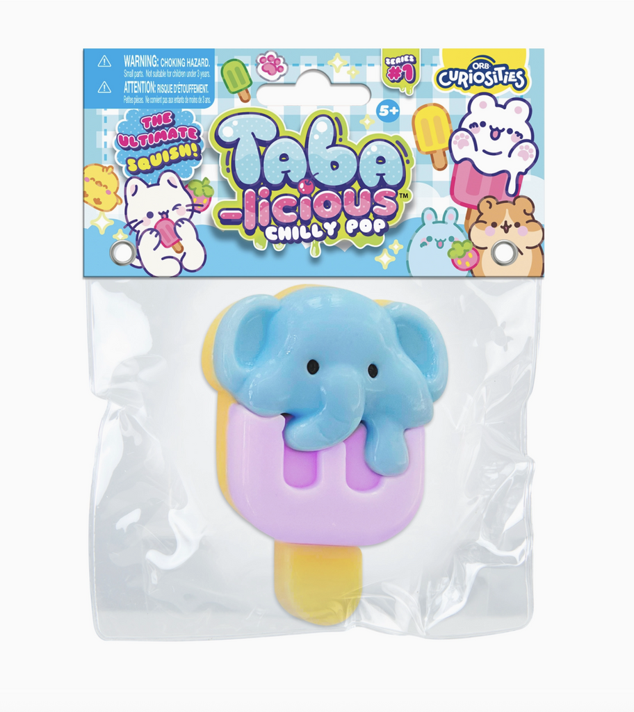 A blue elephant on top of a pink popsicle squishy toy packaged inside clear plastic with a blue header that reads "Taba-Licious" Chilly Pop. 