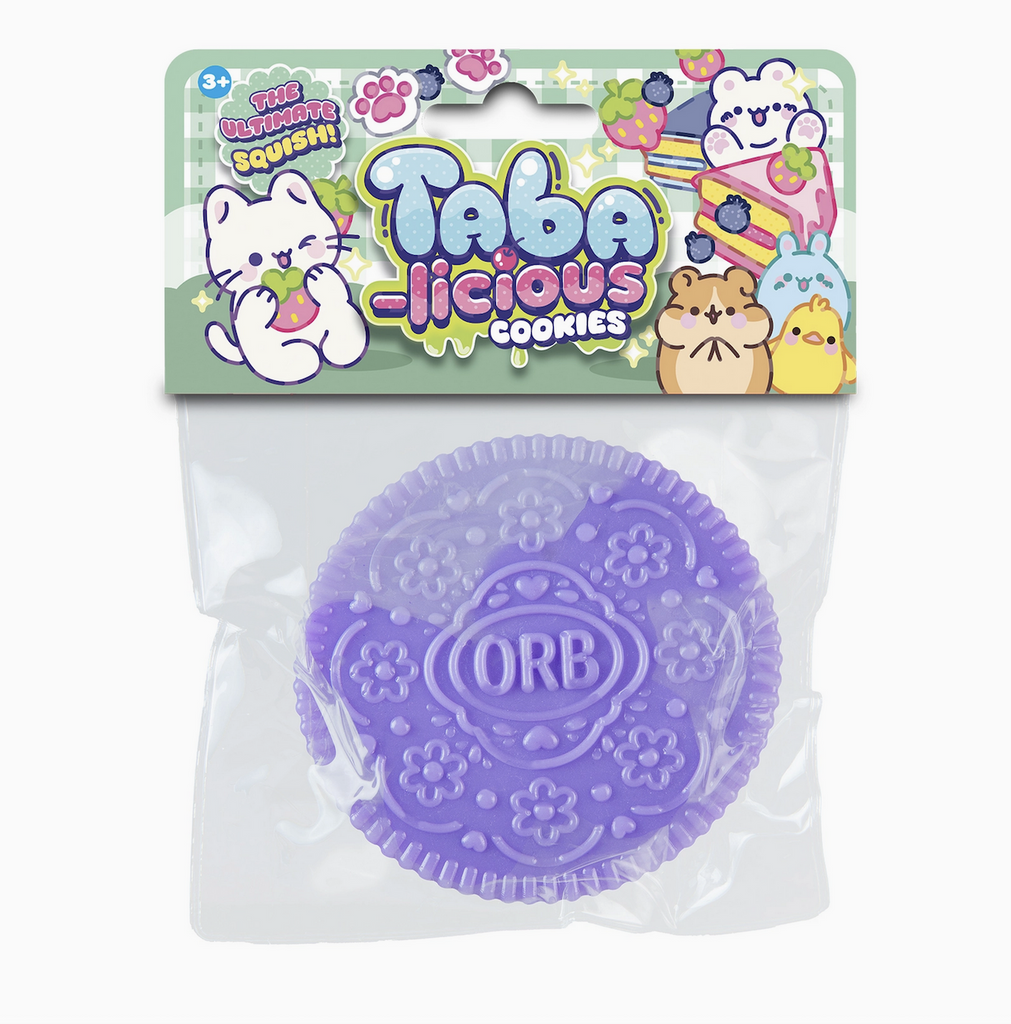 A purple Taba-Licious Cookie packaged in a clear plastic bag with a colorfully illustrated header featuring cute kitties and other animals. 
