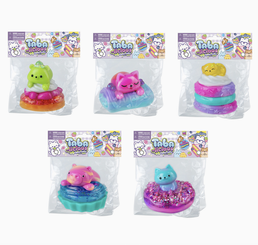Assortment of cute, Kawaii Taba squish toys in clear plastic bags. 