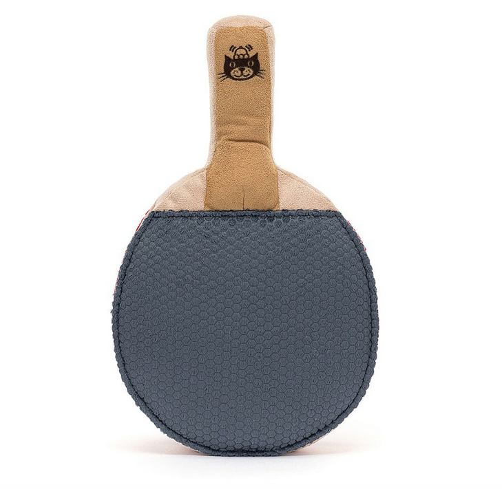 Back side of the plush table tennis paddle with wood colored handle and dark bluish gray paddle surface. 