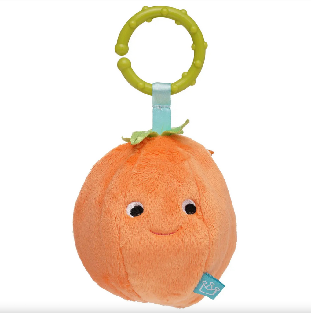 The Take Along Orange stuffed toy with a sweet smiling face and zipper closure to keep the three sections inside. 