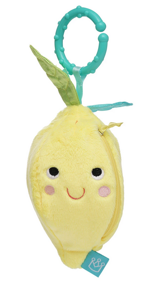 Lemon shaped soft toy with a sweet, smiling face and a zipper on the side that holds sections that crinkle, squeak and rattle. It is attached to a teal colored c clip that can hang from a stroller, car carrier or crib. 