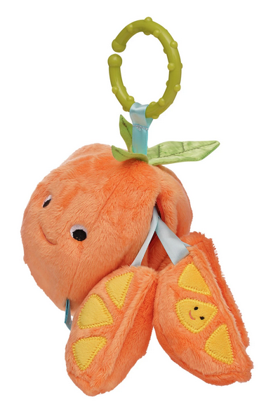 Stuffed toy shaped like an orange that opens to reveal sections of the orange that crinkle, rattle and squeak. All hanging from a c clip that can be attached to the car carrier, stroller or crib. 