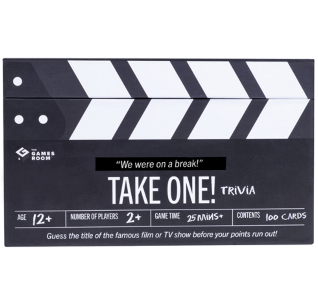 Black and white Take One! Trivia game box that looks just like a slate used while filming movies and TV shows. 