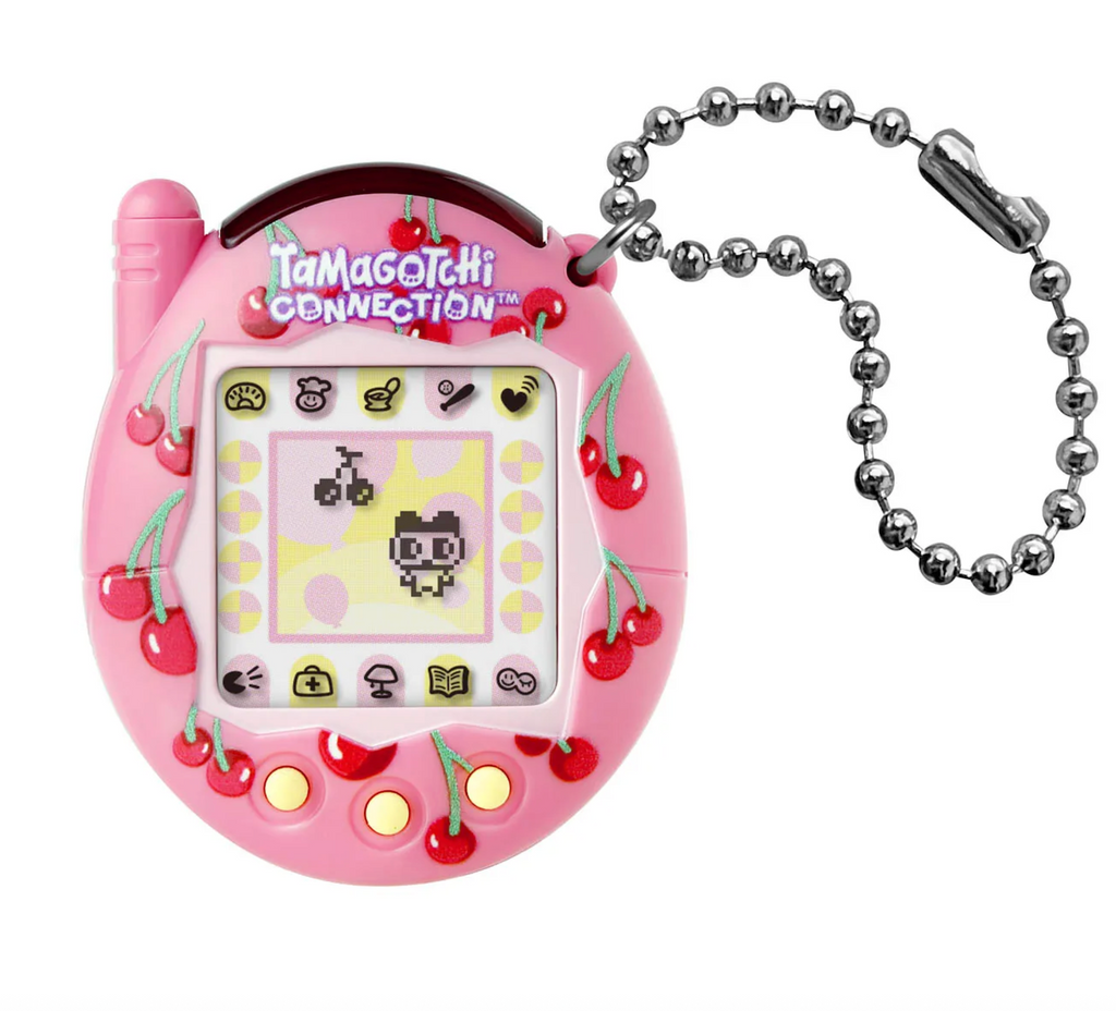 Pink Tamagotchi Connection cherry themed shell with a silver ball chain that can attach to almost anything. 