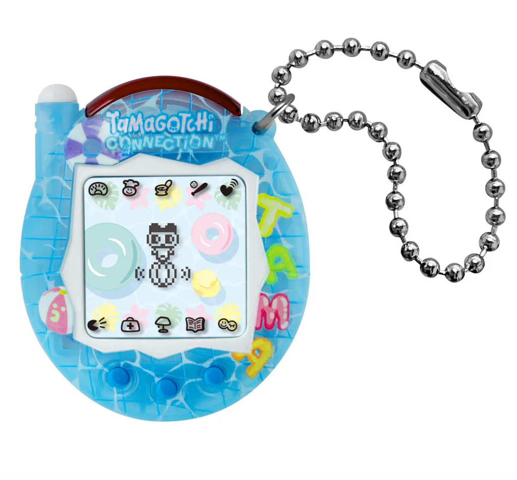 Tamagotchi Connection with Pool themed shell and graphics. The Tamagotchi unit is attached to a silver chain that can be attached to almost anything. 