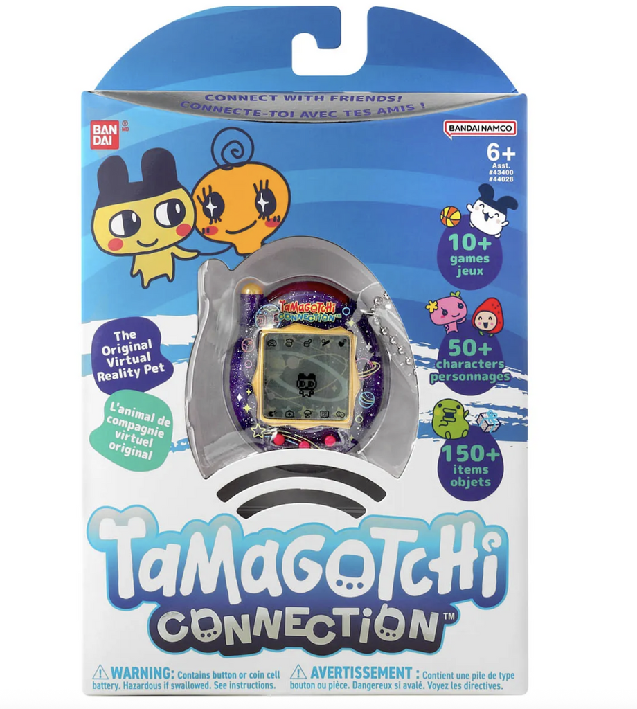The Tamagotchi Connection Neon Planet packaged in a blue and white box with a clear window in the center that shows the unit with the themed shell. With illustrated graphics of Tamagotchi characters covering the front of the box. 