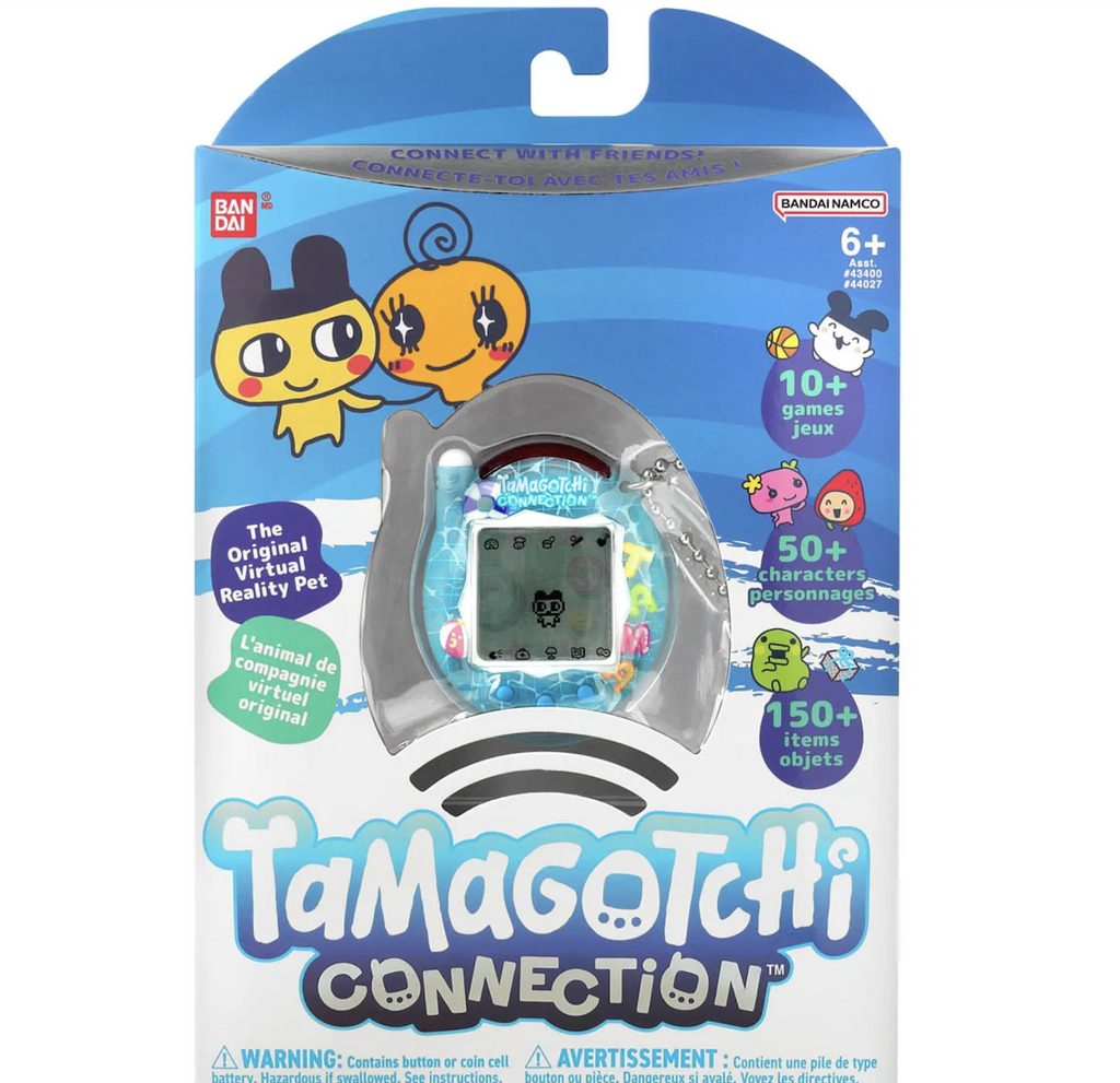 Tamagotchi Connection Pool  packaged in a blue and white box with clear window showing the pool themed shell for the Tamagotchi The Original Virtual Reality Pet. 
