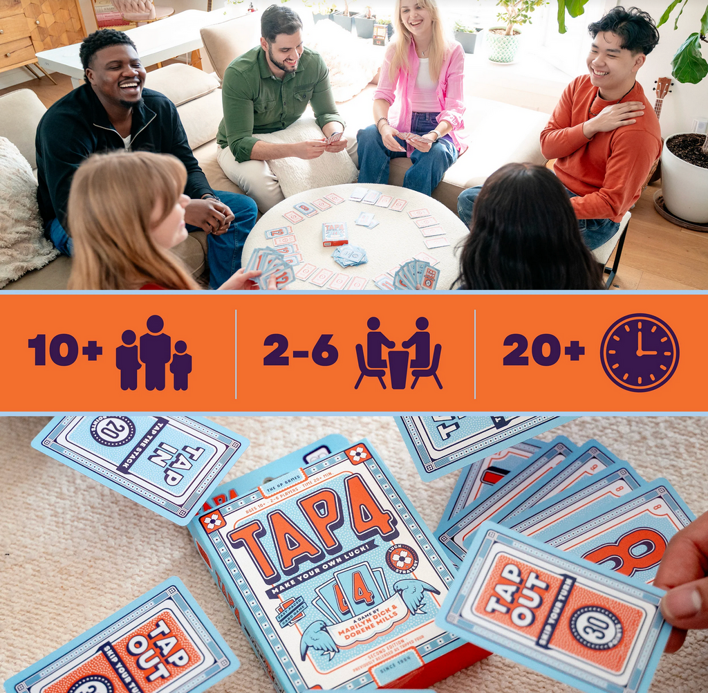 Group of people playing Tap 4 with game cards displayed below.