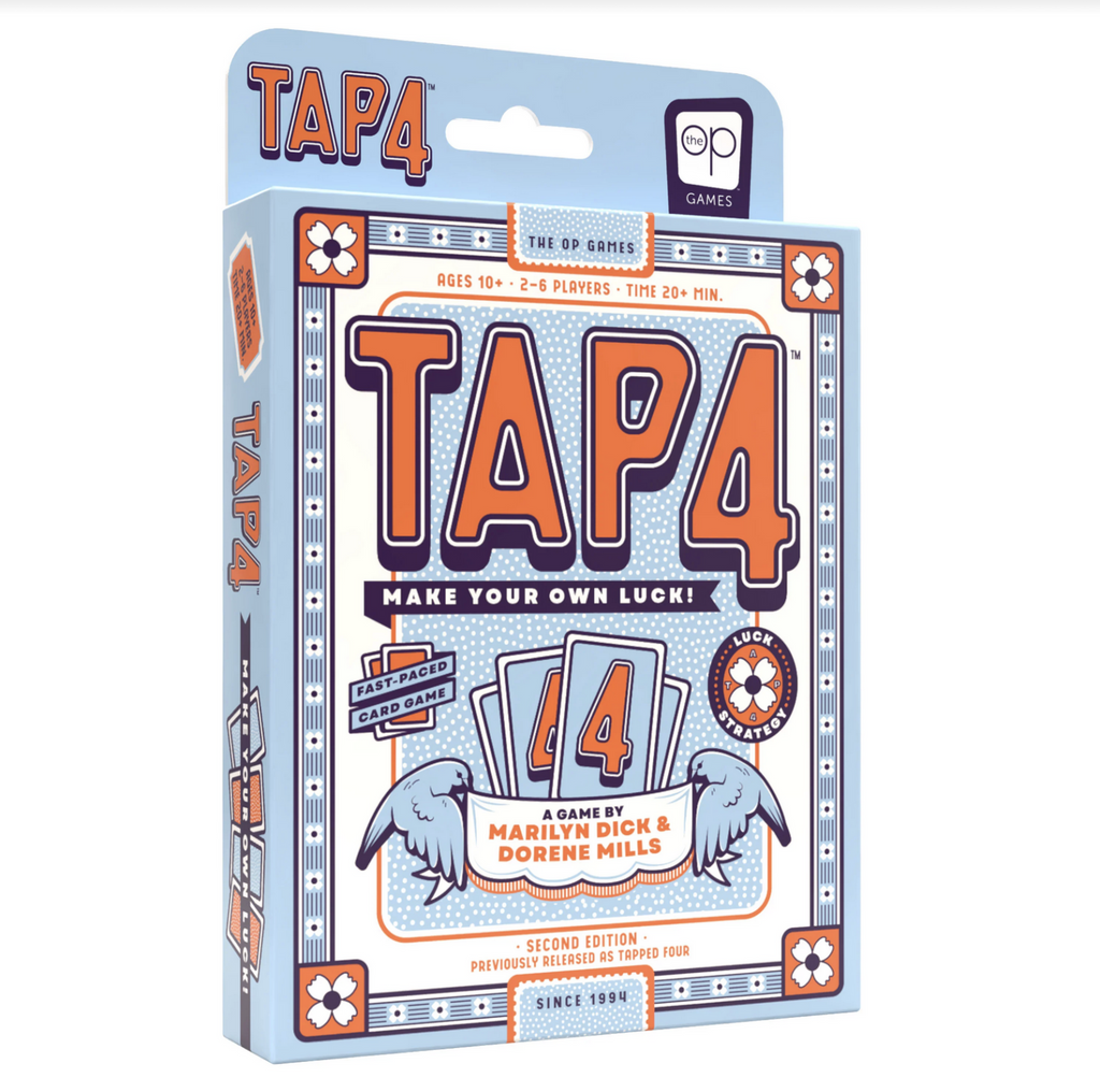 Blue, white, and orange front of Tap 4 card game box.