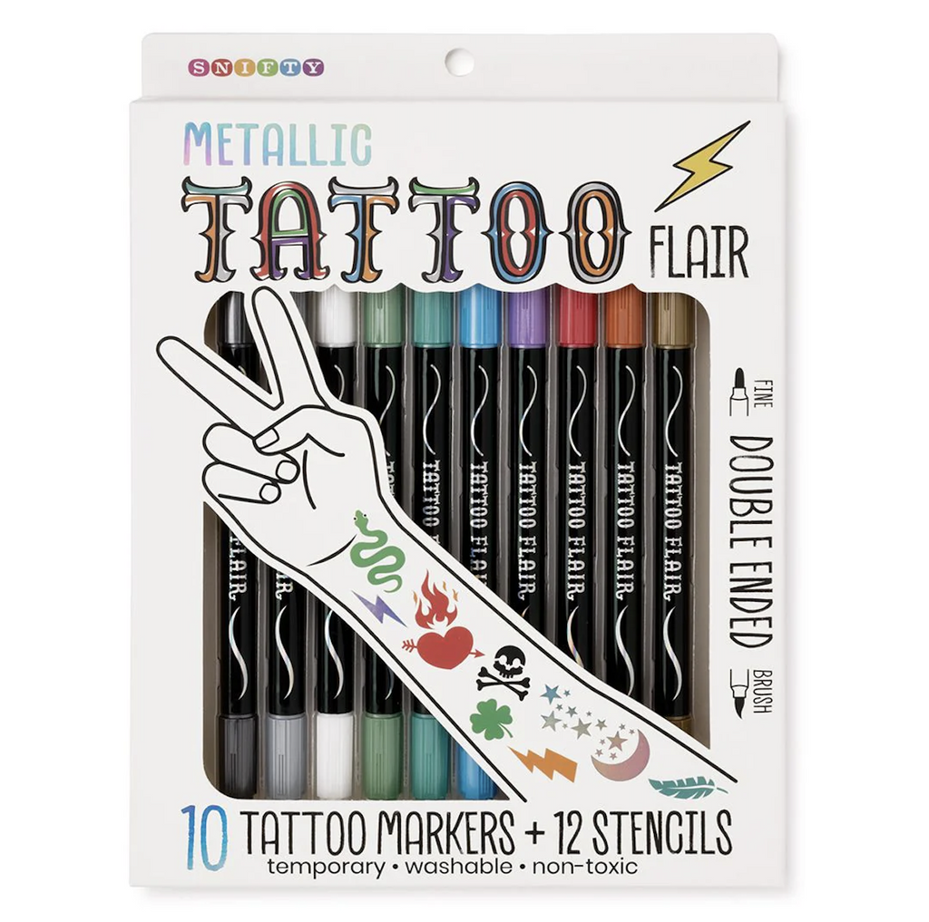 Box of 10 Metallic Tattoo Flair Markers with an illustration of an arm with lots of temporary tattoos drawn on it. 