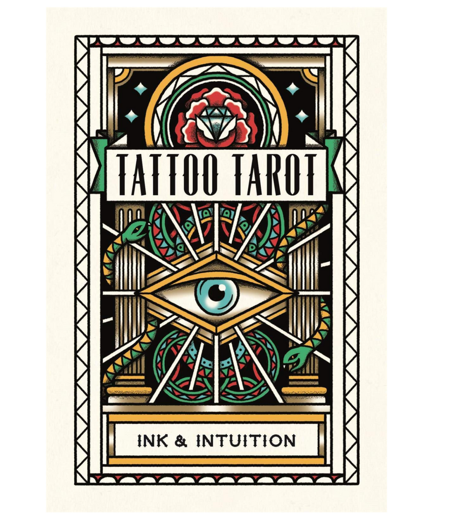 Cover of the box for the Tattoo Tarot Ink and Intuition deck featuring a vintage style tattoo design. 