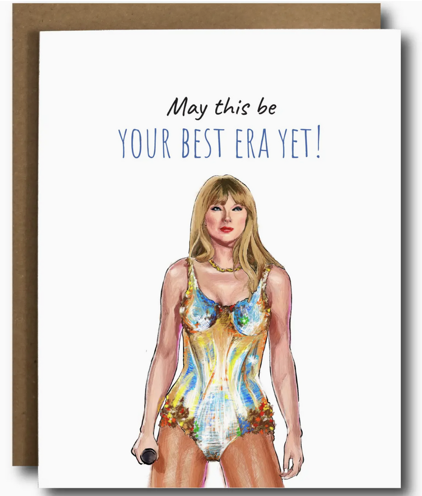 Illustration of Taylor Swift with a microphone that reads "May this be Your Best Era Yet!"