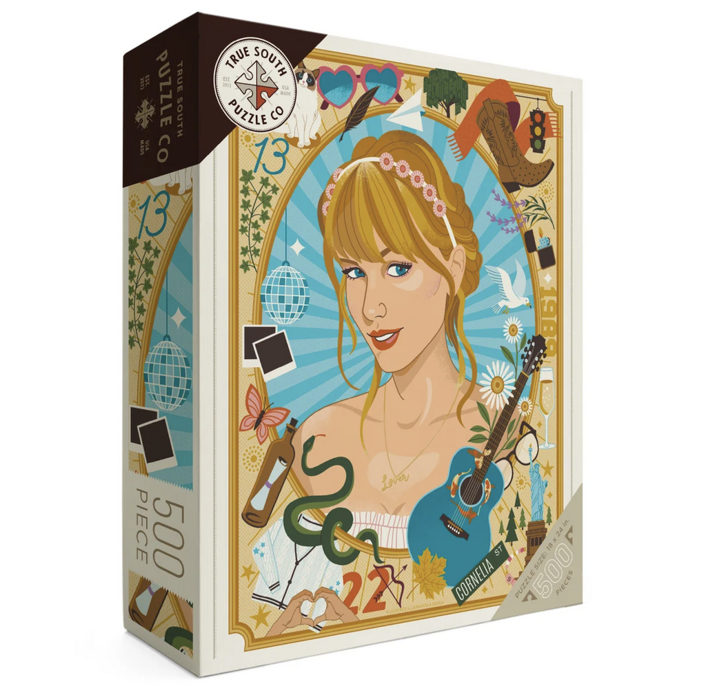 Taylor Swift 500 piece jigsaw puzzle box on a white background