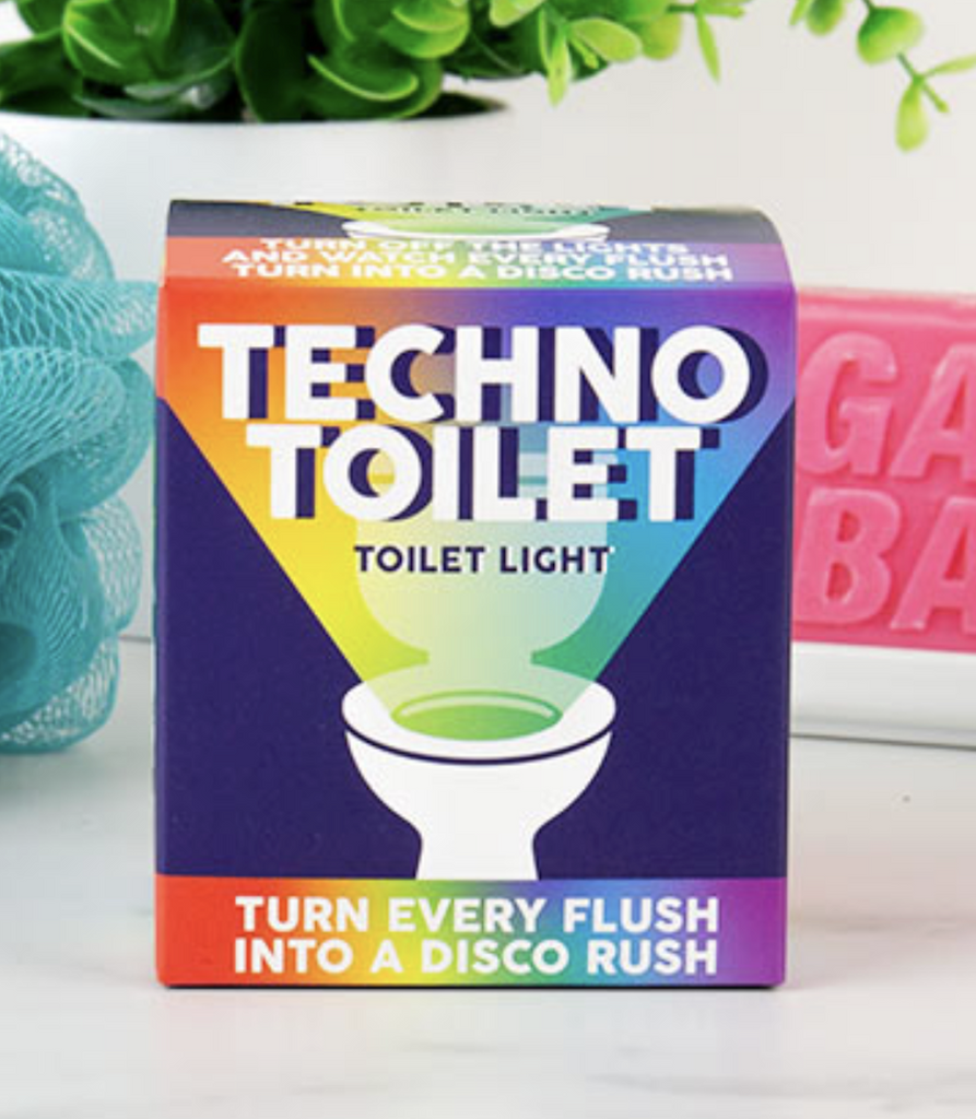 Multicolored box with an illustration of a open toilet seat with lights shining out. 