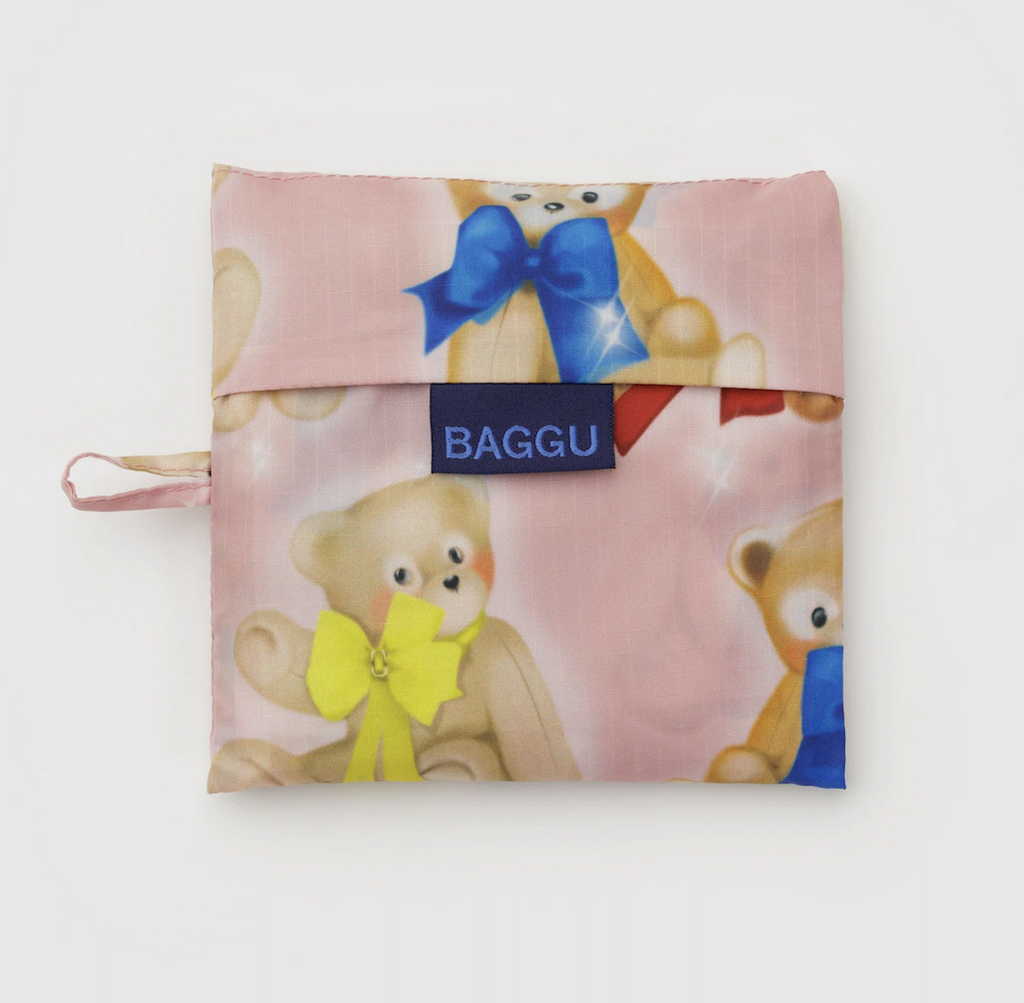 The Teddy Bears Baggu reusable shopping bag folded into it's flat pouch for storage. 