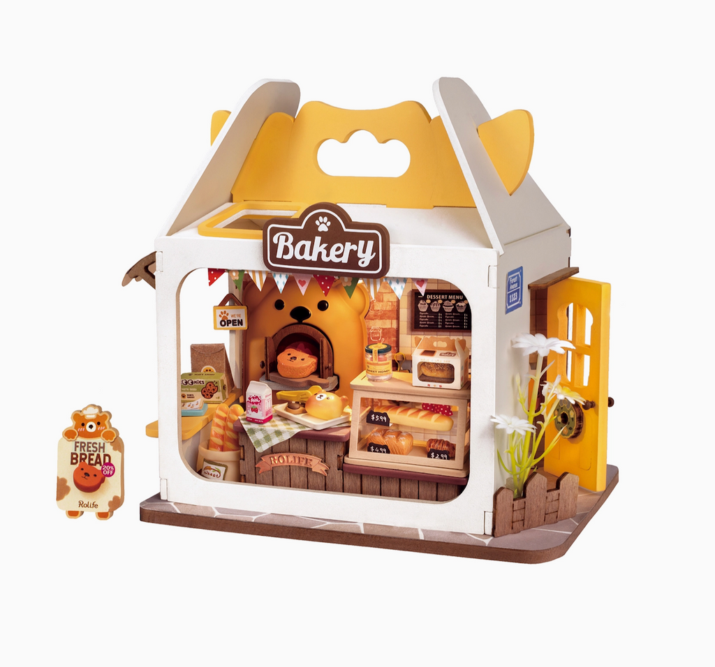 The fully built Teddy's Breadbox Bakery miniature model kit. There are miniature cases with baked loaves if bread, fresh loaves coming out of the oven and even sign boards to let you know if the bakery is open. 