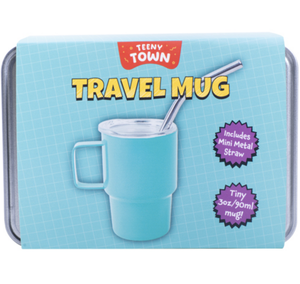 Teeny Town Mini Travel Mug with Straw small silver tin the mug is packaged in with a label that has a picture of the turquoise mug with lid and metal straw. 