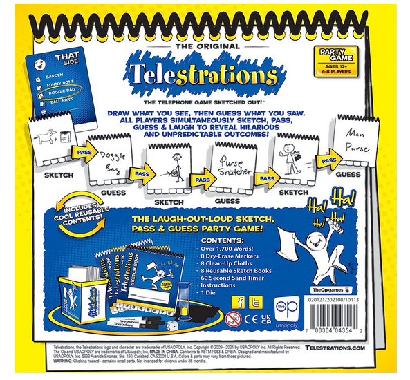 Telestrations the Original Telephone Game has over 1,700 words, 8 erasable sketch books, 8 dry erase markers, 8 clean-up cloths.